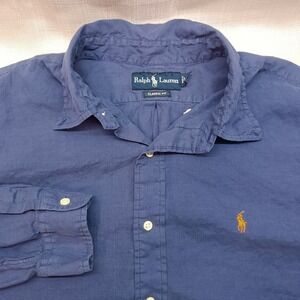 Ralph Lauren Men's XL Classic Fit Blue Linen Blend Embroidered Button Down Shirt